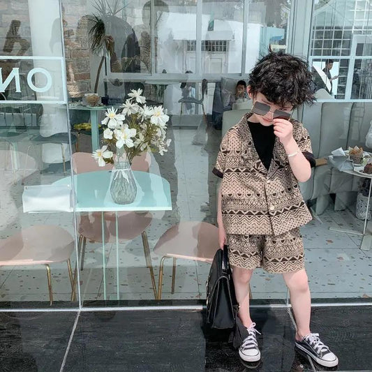 Boy's Summer Suit Literary Print Baby Short-sleeved Cotton Korean Version of Children's Summer Children's Fashion Summer Children's Clothing
