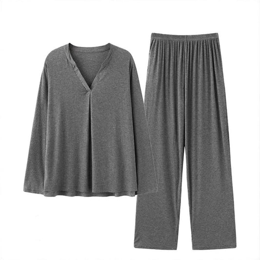 Women's Long Sleeves Pajamas Set Sexy Stripes Kiss-skin V-neck Thin Modal Cotton Elastic Pajama Set Outer Wear Solid Color Home Wear