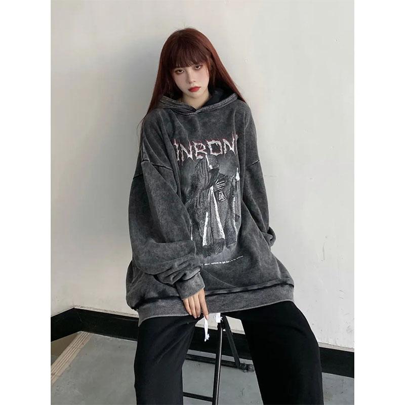 Women's Retro Dark Demon Print Hooded Sweater Student Personality High Street Washed Old Hiphop Loose Top Ladies Long-sleeved Pullover Sweater