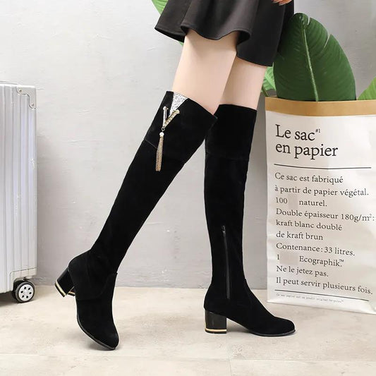 Women's Boots Over The Knee with Thin Legs and Cashmere Side Zipper Suede Thick Heel 6cm High Heel High Boots Women