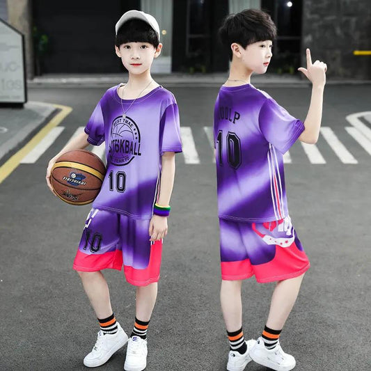 Boys Summer Basketball Uniform Suit Children's Sports Printing Pullover Short-sleeved Shorts Soft Sweat-absorbent Football Uniform Children's Suit