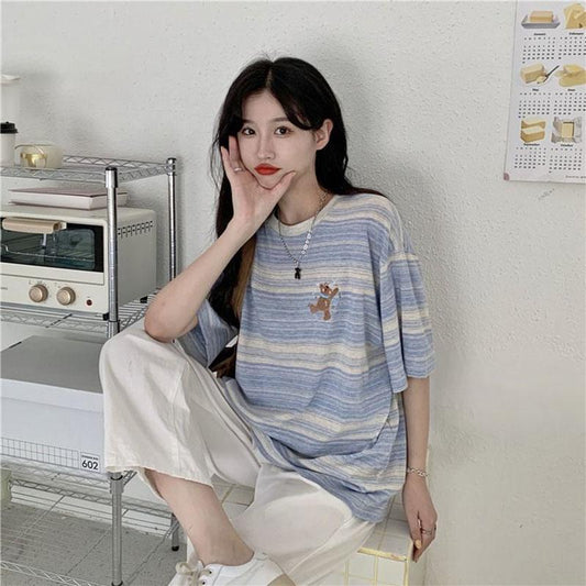 Striped Short Sleeve T-Shirt Women's Summer Round Neck Loose Top