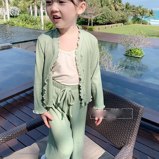 Girls' Suit Spring Clothes Children's Foreign Style Long Sleeve Cardigan Coat Baby Leisure Wide Leg Pants Two Piece Set