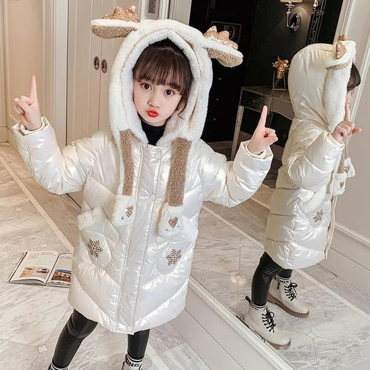 Girls' Warm Cotton Coat Korean Style Disposable Bright Cotton Clothes Children's Thick Winter Clothes Mid-length Girl's Cotton-padded Jacket