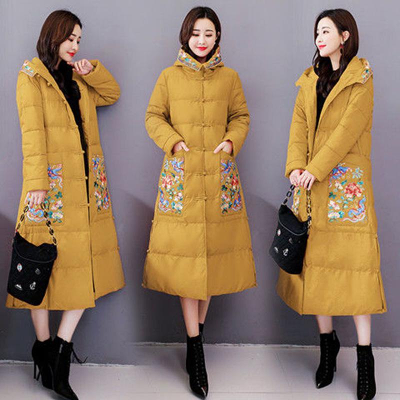 Women's Winter Retro Padded Down Jacket Hooded Down Jacket with Warm Stand-up Collar Women's Solid Color Long Down Jacket Quilted Coat