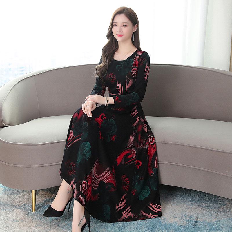 Women's Plus Size Long Floral Skirt Spring and Autumn Women's Round Neck Printed Slim Dress