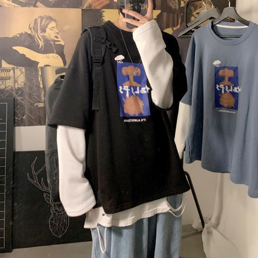Autumn Long-sleeved T-shirt Fake Two Loose All-match Bottoming Shirt Casual Trend Pullover Suitable for Students and Couples
