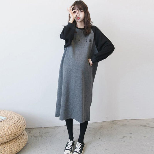 Spring and Autumn Maternity Sweatshirt Mid-length Loose Large Size Dress Long Sleeve Splicing Color Top