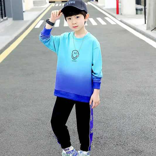 Boys Spring and Autumn Sports Set Long-sleeved Pullover Round Neck Smiley Pattern Printing Gradient Color Sweater Trousers Two-piece Set