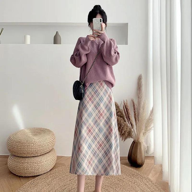 Woolen Plaid Skirt Female Autumn and Winter Mid-length A-line Skirt High Waist Slimming Knee-length Umbrella Skirt