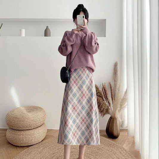 Woolen Plaid Skirt Female Autumn and Winter Mid-length A-line Skirt High Waist Slimming Knee-length Umbrella Skirt