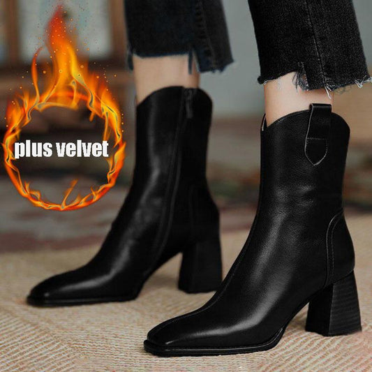 Soft Leather Boots Women Autumn Winter Vintage Square Toe Short High-heeled Cowboy Boots Chunky Heel Ankle Boots