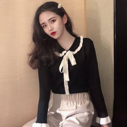 Knitwear Autumn and Winter New Female Foreign Body Slim Slimming Wooden Ear Long-sleeved Shirt
