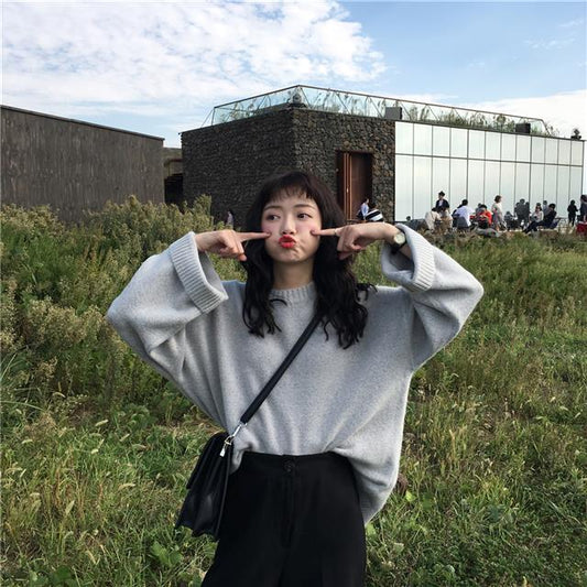 Autumn and Winter College Style Solid Color Sweater Female Students Sweet and Loose Round Neck Pullover Sweater Coat Sweater