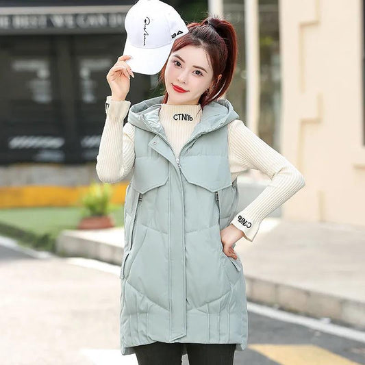 Winter Vest Women's Autumn and Winter Down Cotton Mid-length Hooded Warm Jacket