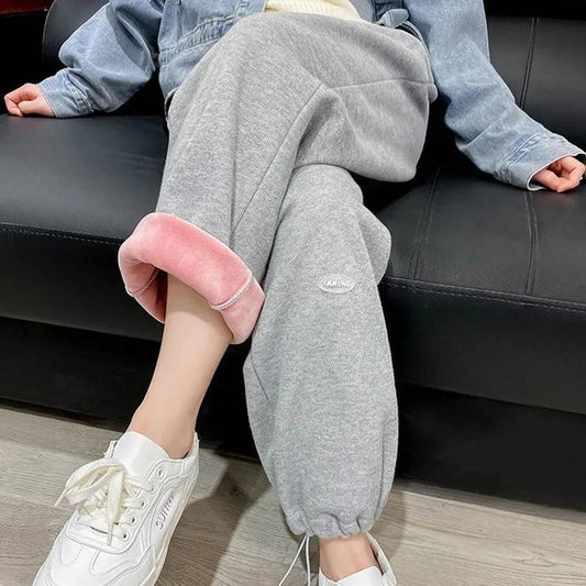 Autumn and Winter Plus Velvet Thick Sports Pants Women's Loose and Thin Wide-leg Straight Pants Gray Leggings Outer Wear Casual Sweatpants