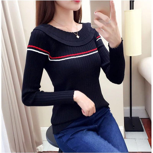 Autumn and Winter Long-sleeved Knitted Blouse Low Round Neck Slim Short Sweater