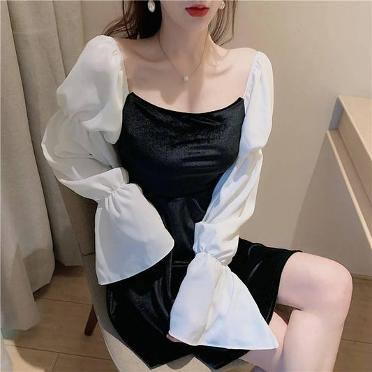 Fashion Spring Stitching Bubble Sleeve Dress Sexy Slash Neck Off Shoulder Dress A-line Dress