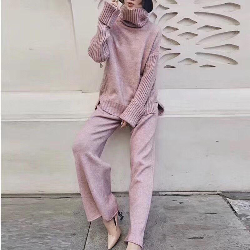 2pcs/set Two Piece Set Pullover Sweater Tracksuit Women Elastic High Waist Knit Wide Leg Pants Women Suit 2 Piece Set Winter Outfits