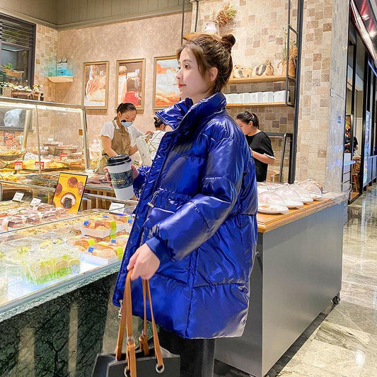 Bright Leather Down Cotton Jacket Winter Mid-length Korean Style Waist Loose Cotton Jacket Women's Jacket