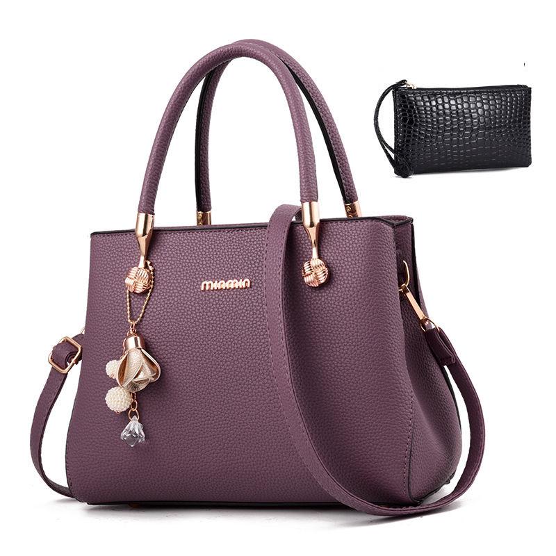 Women's top-handle bag leather handbag zipper shoulder bags With metal pendants and free wallet