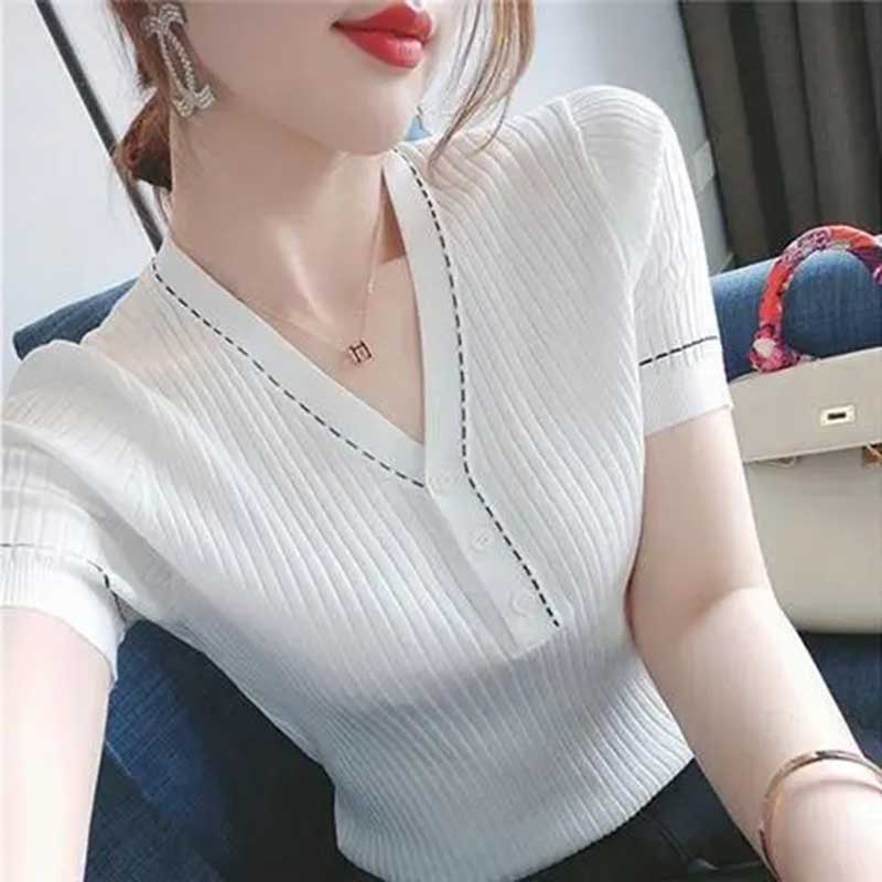 Ice Silk V-Neck Short Sleeve T-Shirt Simple Versatile Slim Fit Thin Button Splicing Knit Sweater Top Thin Section