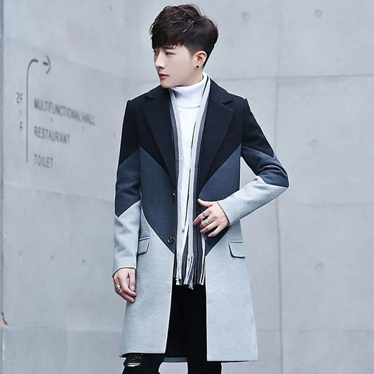 Spring & Fall Wool Coat Men Casual Slim Windbreaker V-neck Business Jacket Trend Comfortable Parka Long