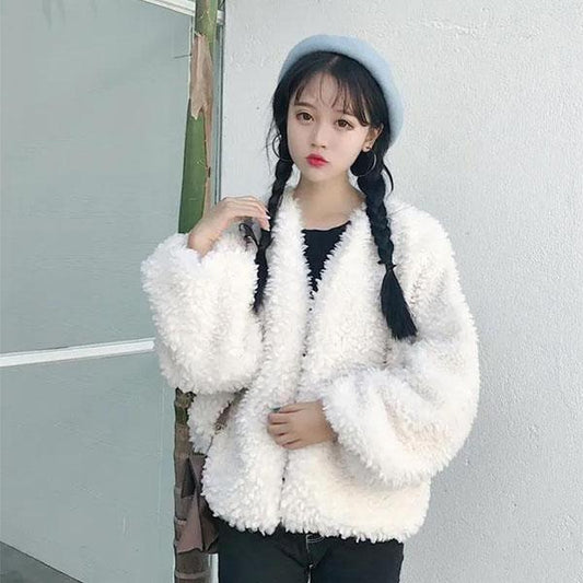 Autumn and Winter Women's Loose Short Lamb Wool Cardigan Jacket Student Warm Wool Long-sleeved Outer Jacket