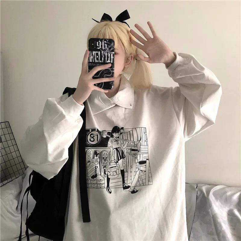 Hoodies Women Japanese Anime Pullover Sweatshirts Oversized Streetwear Harajuku Long Sleeve Turtleneck Hoodies Autumn Winter Fashion White Tops