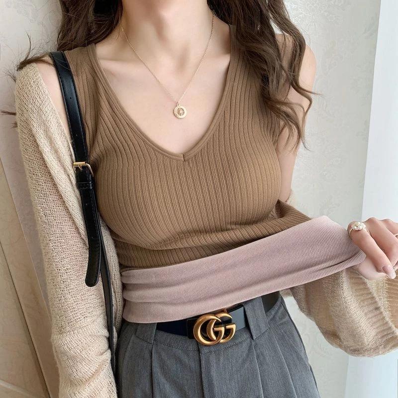 Thermal Underwear Tops Winter Inner Wear Women Velvet Warm Vest with Pad V Neck Sleeveless Tank Top Sexy Undershirt Clothing