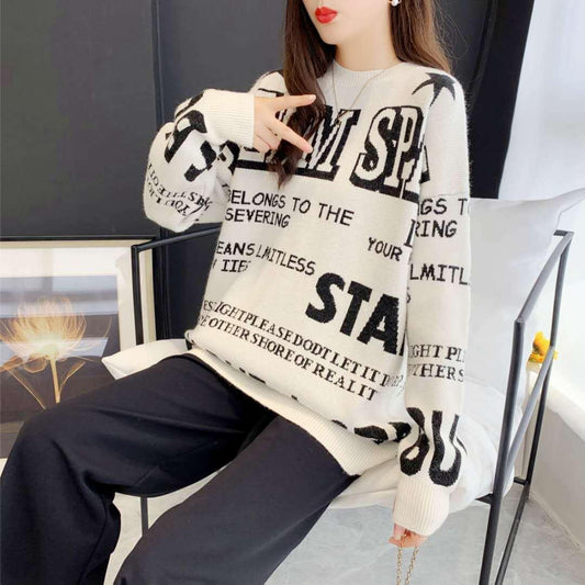 Autumn and Winter Loose Mid-length Round Neck Sweater Women Lazy Letter All-match Knitwear