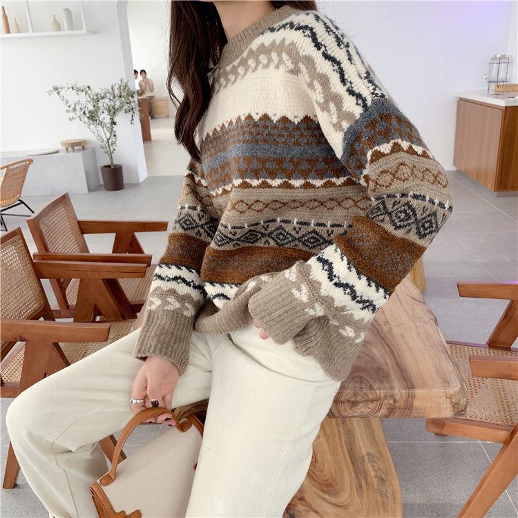 Vintage Geometric Pattern printed Sweater Women Loose Casual Pullover Sweater Top Students All-match Knitwear Outer Wear