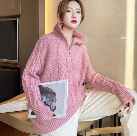 Fleece Half Turtleneck Zip Sweater Loose Lazy Style Thick Outerwear Sweater