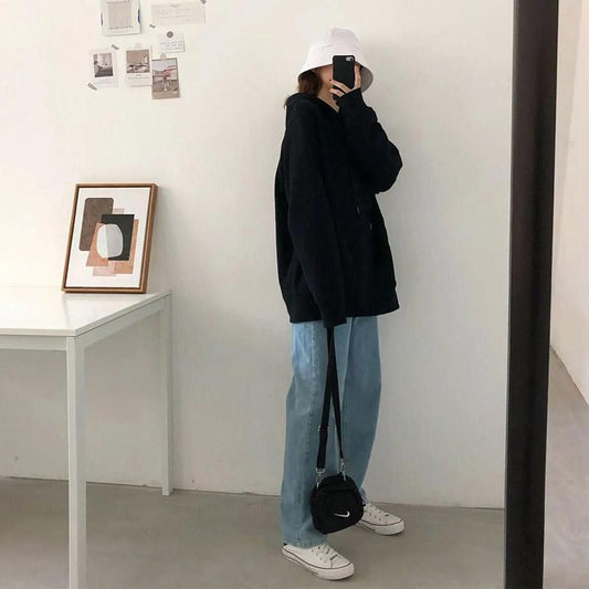 Hooded Sweater Student Loose Cardigan Mid-length Zipper Coat Sweater Women