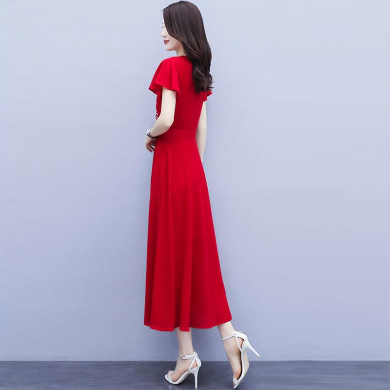 Fashion Dress Summer Plus Size Women's High-end Waist Was Thin and Temperament V-neck Long DRESS