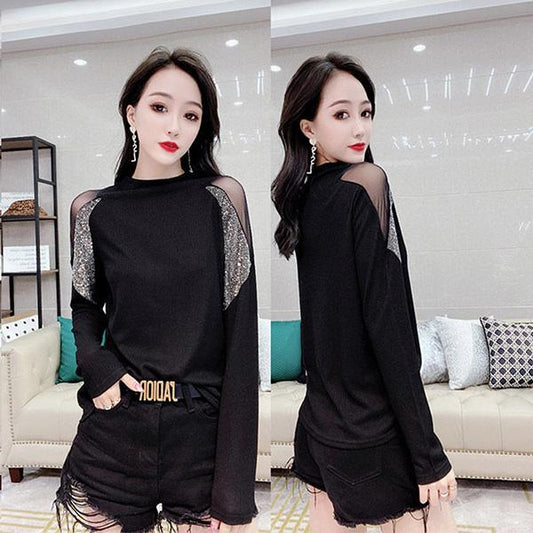 Stitching Long-sleeved Bottoming Shirt Women Half High Neck T-shirt Top Casual Fashion Coat