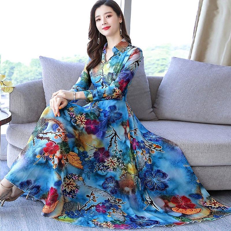 Spring and autumn long-sleeved dress plus size chiffon dress woman long waist waist long skirt