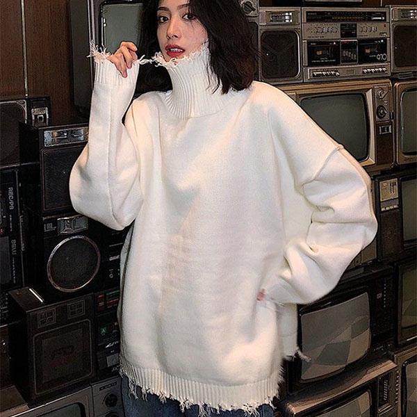 Solid Color Turtleneck Sweater Girl Student Loose Retro Irregular Torn Edge Sweater