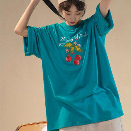 100% Cotton Hong Kong Flavor Retro Cherry Print Short-sleeved T-shirt Women's Summer Thin Design Niche Tops Trendy Ins