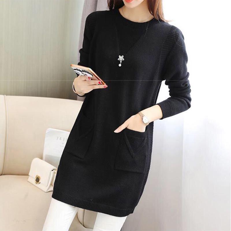 Autumn and Winter Style Close-fitting Fleece Sweater Women's Slim Mid-length Knitted Bottoming Shirt Solid Color Round Neck Warm Blouse
