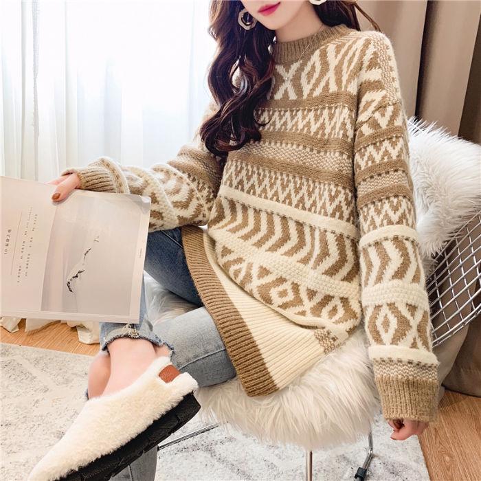 Vintage Printed Mid-length Thick Sweater Women Loose Casual Knit Sweater Round Neck Pullover Fair Isle Jacquard Sweater