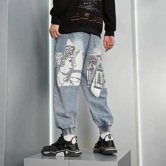 Men's Personalized Printed Jeans Fashion Loose Harem Pants Light Color Graffiti Casual Pants