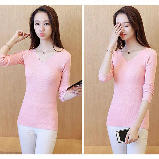 All-match Wave V-neck Bottoming Shirt Stretch Slim Slimming Solid Color Knit Sweater Long-sleeved Short Warm Sweater Women
