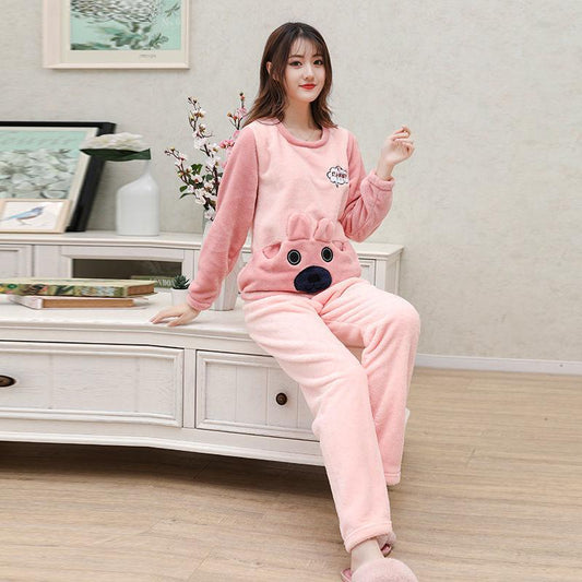 Autumn and Winter Coral Fleece Women's Pajamas Keep Warm Cute Student Flannel Long Sleeves Can Be Worn Outside Home Clothes