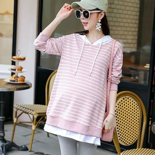 Spring and Autumn Maternity Suit Wild Striped Long Sleeve Top Loose Fashion Mid-length Sweater