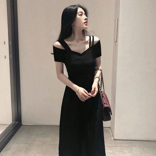 Sling Dress Women's V-neck Strapless Slim Slimming Waist Hepburn Style Black Dress Women's Strapless Elegant Black Dress