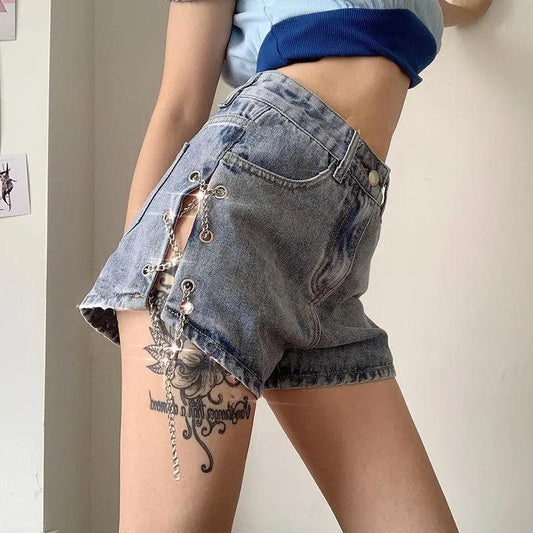 Metal Chain Denim Shorts Women's Summer Side Split High Waist Sexy Legs Long Pants Casual Home Personality Shorts Golf Shorts