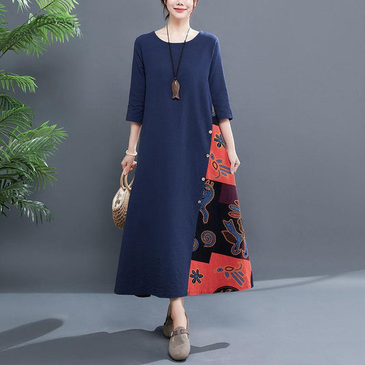 Cotton and Linen Dress Women Spring and Summer Round Neck 3/4 Sleeve Ethnic Style Stitching Large Size Dress