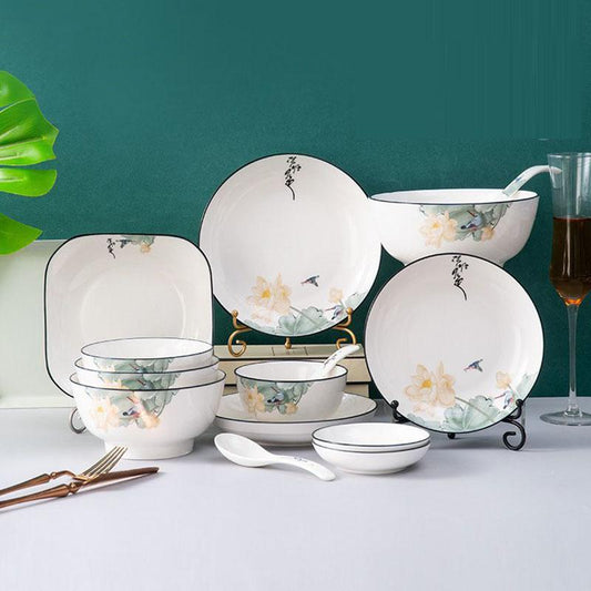 Household Deepened Dish Plate Ceramic Dish Rice Plate Soup Plate Dish Set Creative Chinese Meal Plate Two Person Tableware Set