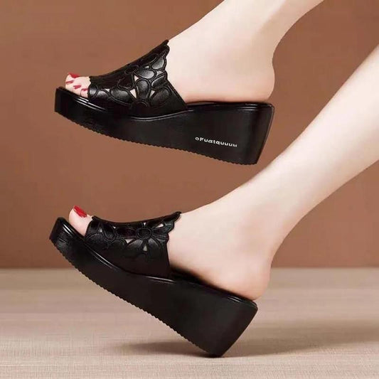 Wedge Heel Slippers Women's Sponge Cake Thick Bottom Fish Mouth Flip Flops Soft Bottom Black Hollowed Out Sandals and Slippers